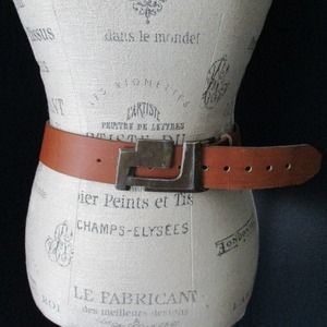 Vintage Ambico Fifth Ave Modernist Brown Leather Belt Abstract Metal Buckle